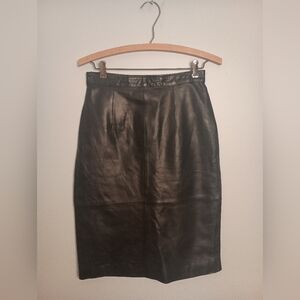 90's Verducci- Black Leather High Waisted Knee Length Skirt- Size 2/4